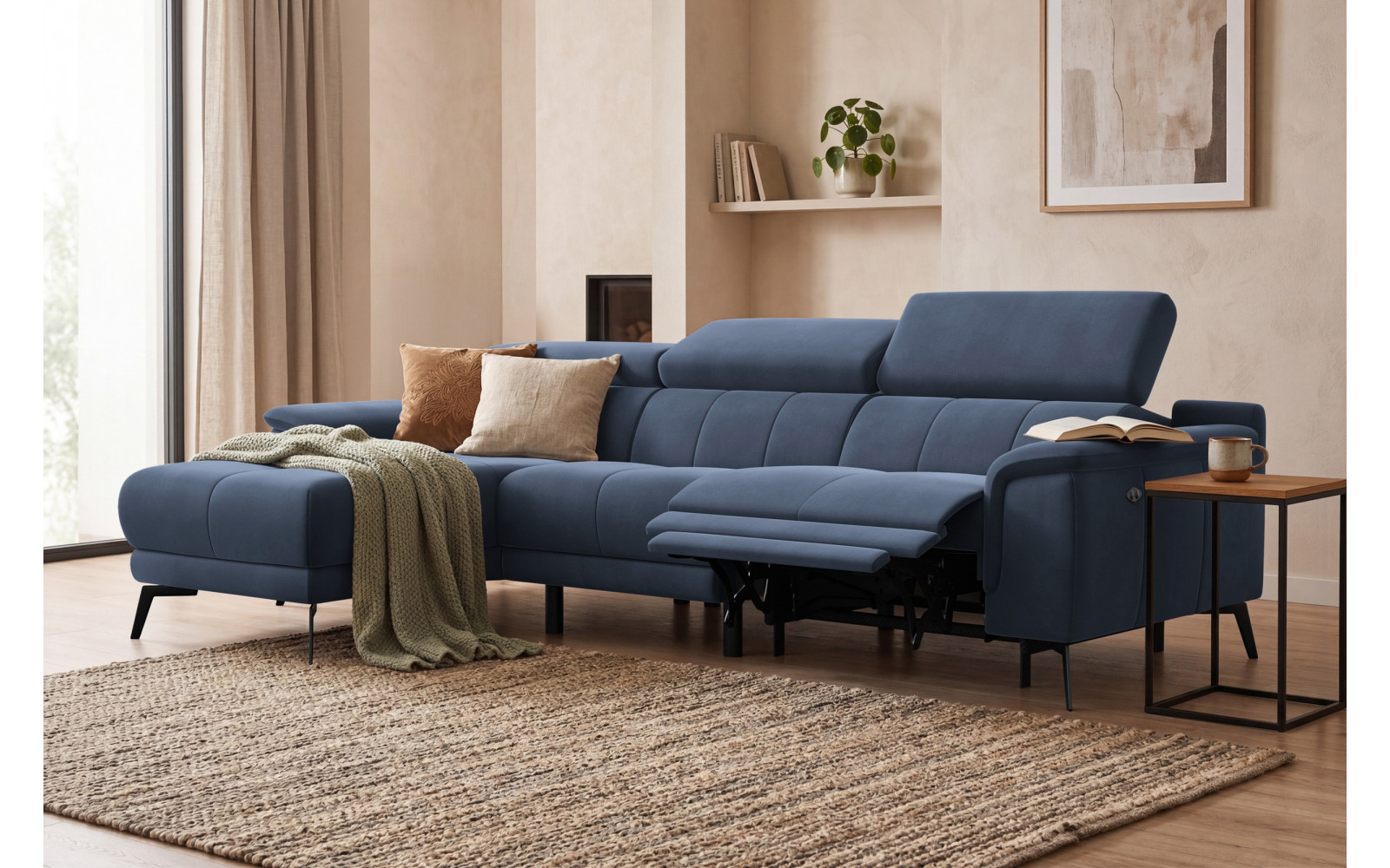 Ecksofa Relax 4-Sitzer links FIERO, Marineblauer Veloursstoff