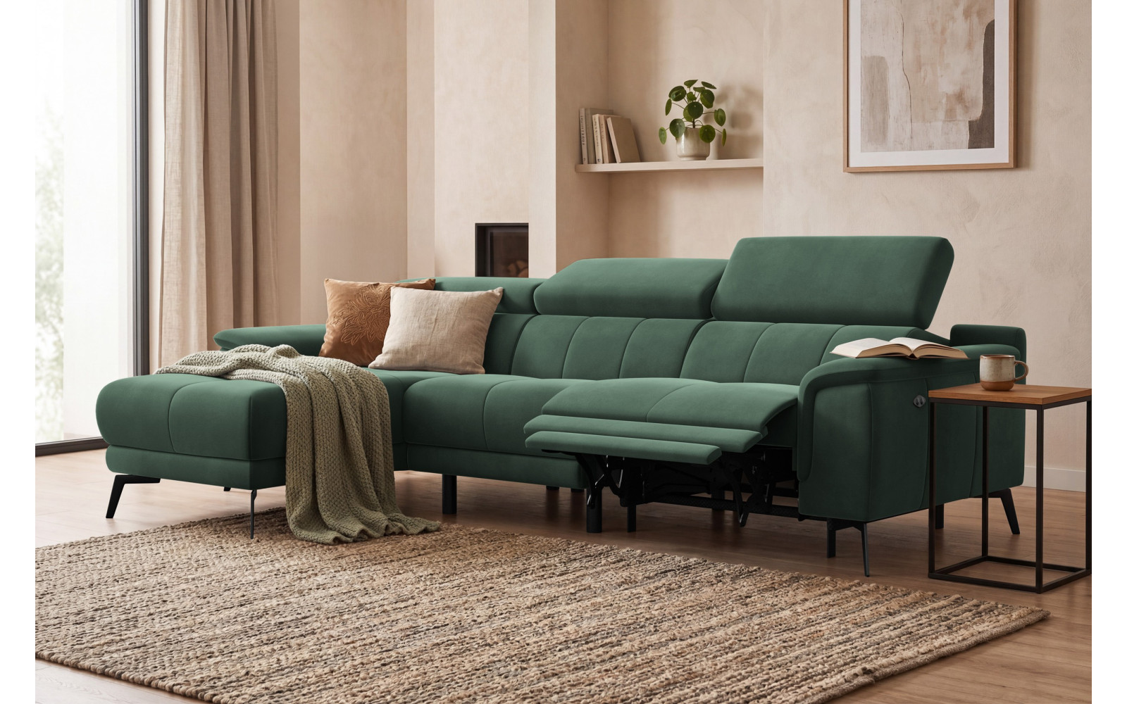 Ecksofa Relax 4-Sitzer links FIERO, Grüner Veloursstoff
