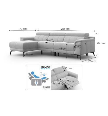 Ecksofa Relax 4-Sitzer links FIERO, Schwarzer Veloursstoff