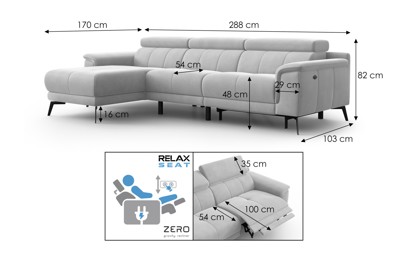 Ecksofa Relax 4-Sitzer links FIERO, Schwarzer Veloursstoff