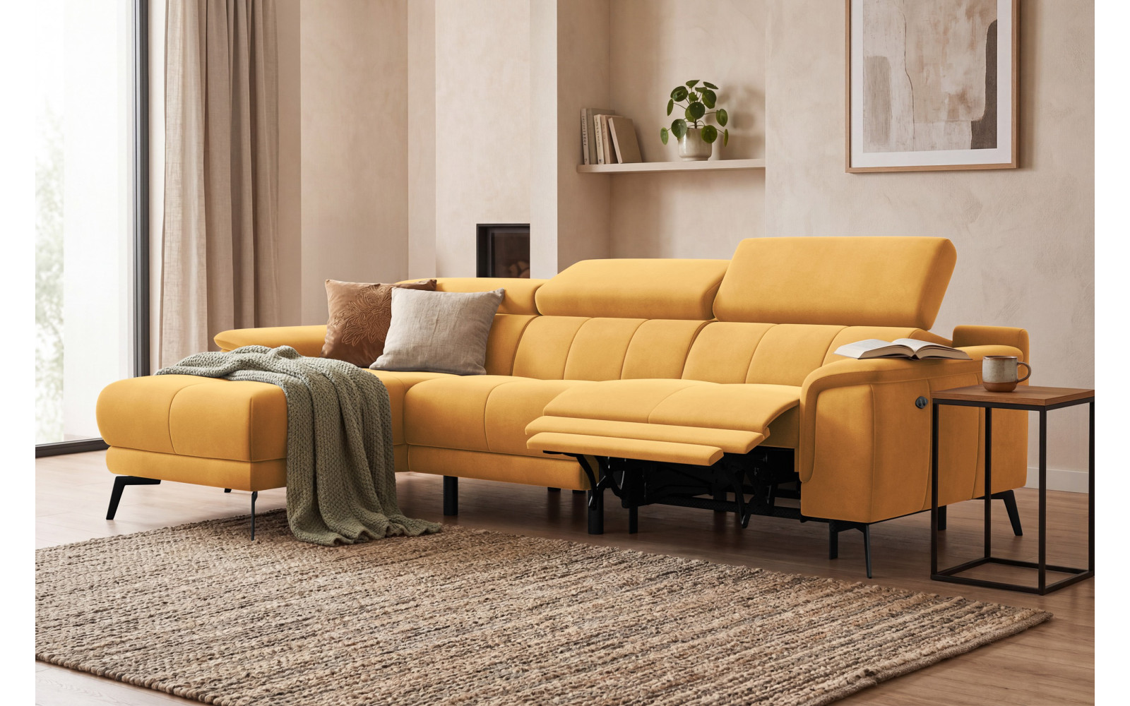 Ecksofa Relax 4-Sitzer links FIERO, Gelber Veloursstoff