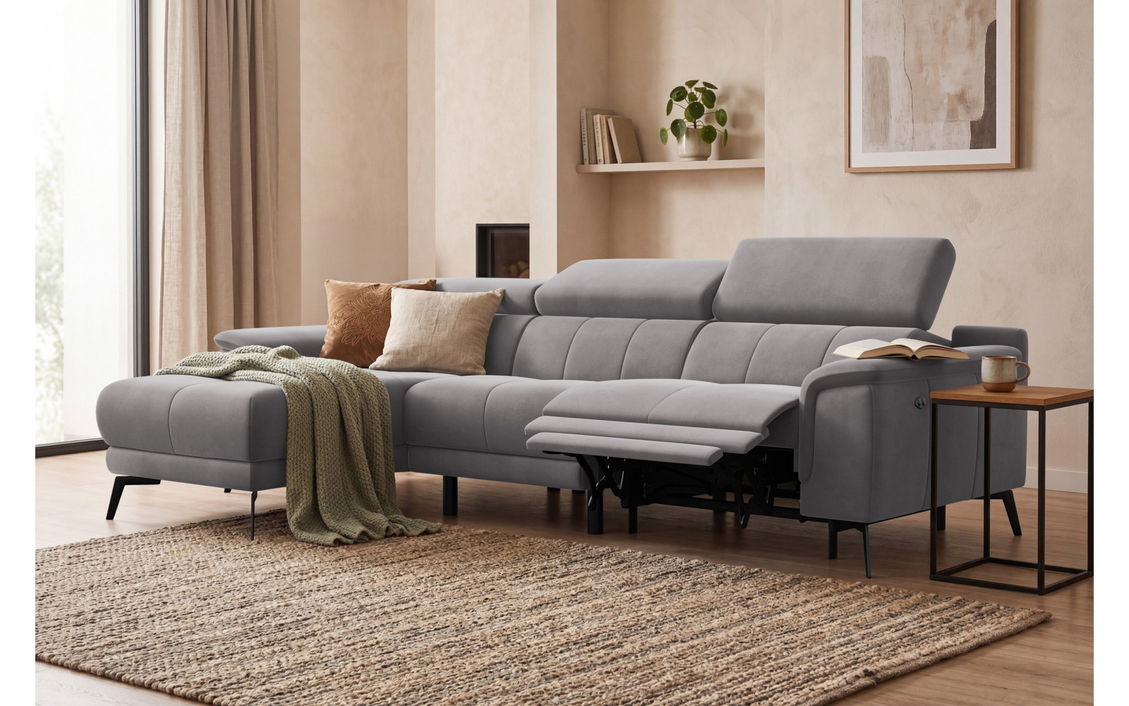 Ecksofa Relax 4-Sitzer links FIERO, Dunkelgrauer Veloursstoff