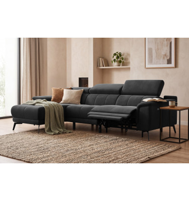 Ecksofa Relax 4-Sitzer links FIERO, Schwarzer Veloursstoff