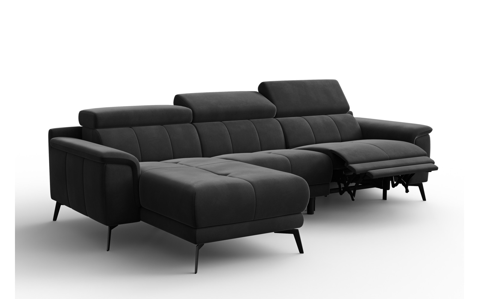 Ecksofa Relax 4-Sitzer links FIERO, Schwarzer Veloursstoff